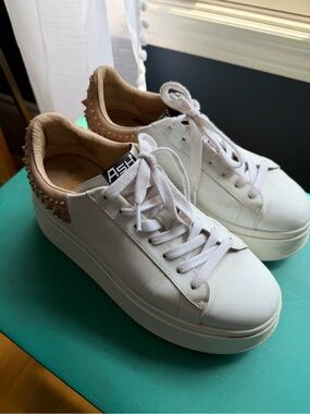 ASH White Leather Platform Sneakers with Tan Studded Heel Collar